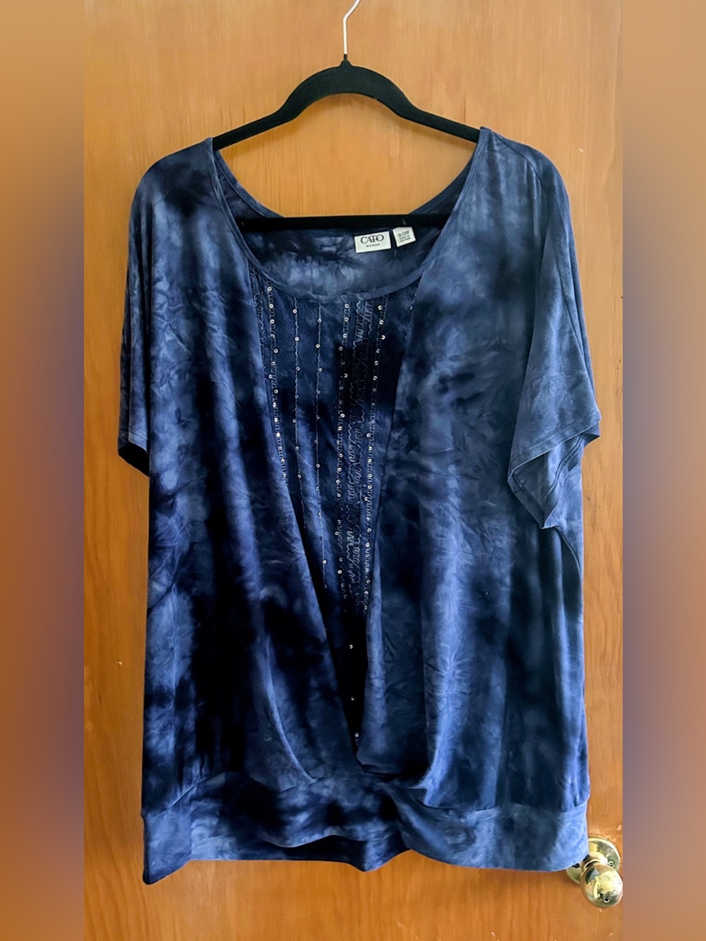 Cato Navy Tie-Dye Scoop Neck Top with Bead Accents
